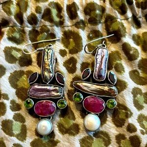 Beautiful silver earrings with different color of purple stones, green and pearl